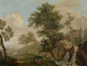 Landschaft Bei Tivoli Mit Den Den Wasserfallen Und Dem Vestatempel, Im Vordergrund Rastende Personen by Paolo Anesi