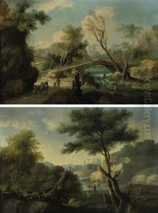 A Wooded River Landscape With Travelers Approaching A Bridge (+ A Wooded River Landscape With A Drover And His Herd; Pair)