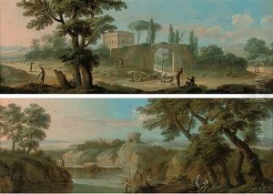An Extensive Landscape With A Hunter, Drovers And Other Figures On A Track (+ A River Landscape With Anglers On A Bank; Pair)