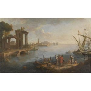 A Coastal Landscape With Figures Conversing In The Foreground Beside Boats, Classical Ruins Beyond To The Left (+ A Coastal Landscape With Herders Resting On A Path With Their Flock And Men Loading Boats, A Fortified Mansion Beyond, Smllr; Pair) by Paolo Anesi