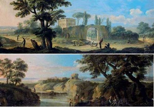 Pecheurs Devant Une Cascade (+ Paysans Devant L'entree D'un Chateau; Pair) - view 1