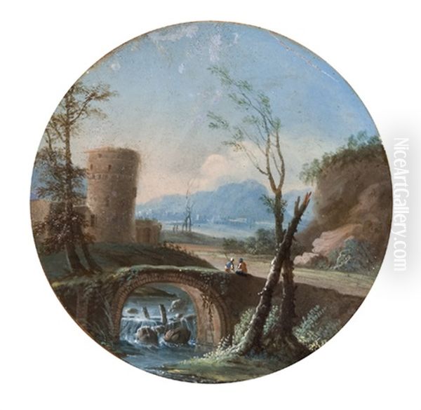 Paesaggio Fluviale Con Viandanti In Sosta Presso Un Ponte Di Pietra (+ Paesaggio Con Astanti E Fortificazione In Lontananza; 2 Works) - view 1