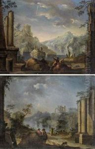 Paysage Aux Pecheurs Pres De La Riviere (+ Another; Pair) by Paolo Anesi