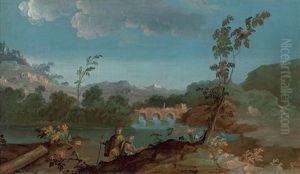 A River Landscape With A Young Priest And Two Beggars On A Path, A Fortress Beyond (+ A River Landscape With Two Travellers, A Bridge Beyond; Pair)