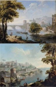 Paysage Du Latium Avec Pont (+ Paysage Du Latium Avec Village Surplombant Une Riviere; Pair) by Paolo Anesi