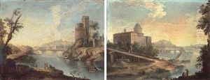 A Capriccio View Of The Tiber With The Ponte Sisto (+ A Capriccio With A Palazzo By A River; Pair) by Paolo Anesi
