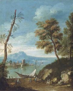 A Mediteranean Coastal Landscape With Figures Unloading A Sailing Vessel, Other Figures Resting On A Path On The Edge Of A Wood