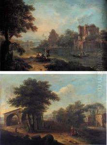 A Capriccio Of Roman Ruins By A Wooded River Landscape With Figures By A Ruin And A Pyramid (+ Figures On A Road In A Village With Classical Ruins; Pair) by Paolo Anesi