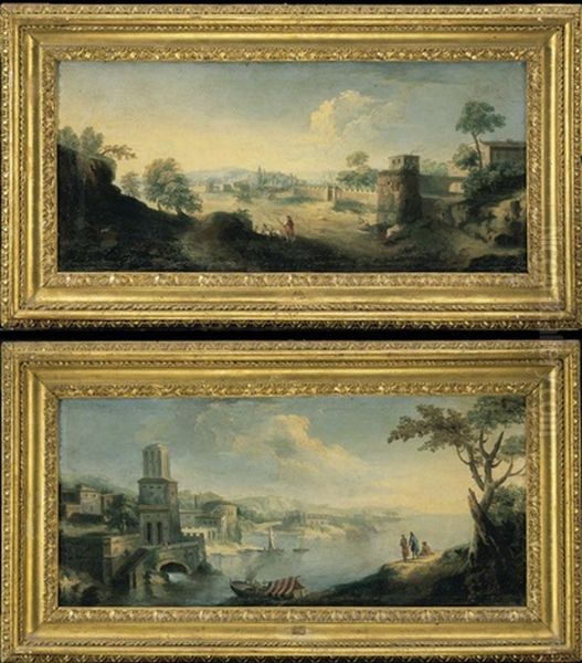 Paesaggio Fluviale Con Barche E Figure (+ Campagna Romana Con Pastore; Pair) - view 1