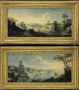Paesaggio Fluviale Con Barche E Figure (+ Campagna Romana Con Pastore; Pair) by Paolo Anesi