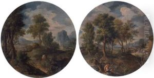 A Wooded Landscape With Travellers On A Path, Mountains In The Distance by Paolo Anesi