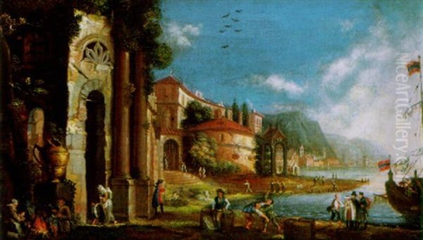 A Mediterranean Harbour Scene With Numerous Figures, A Town And Mountains Beyond - view 1