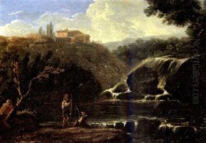 A Mediterranean Mountainous Landscape With A Waterfall, Fisherman In The Foreground By A River