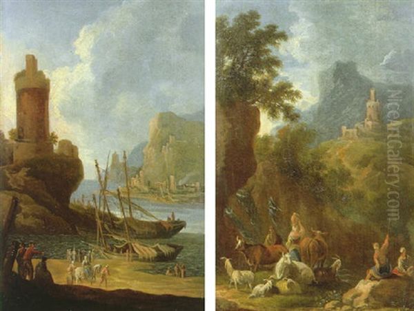 A Mediterranean Port Scene With Travellers And Fishing Boats Off Shore - view 1
