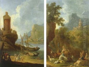 A Mediterranean Port Scene With Travellers And Fishing Boats Off Shore by Paolo Anesi