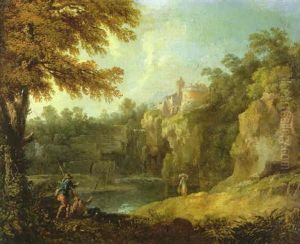 An Italianate Landscape With Classical Figures Beside A River And Waterfall, A Hill Town And Mountains Beyond