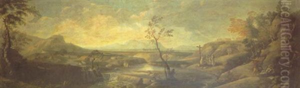 An Extensive Arcadian Landscape In The Roman Campagna With A Group Of Franciscan Friars And A Shepherd - view 1