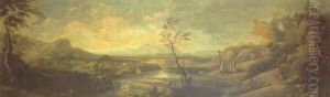An Extensive Arcadian Landscape In The Roman Campagna With A Group Of Franciscan Friars And A Shepherd