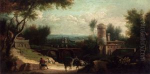 An Italianate Landscape With A Drover And Cattle On A Track Before A Farmstead, A Bridge And Town Beyond