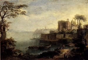 A Coastal Town Scene At Sunset With Boats Lying In The Harbour, Figures Resting In The Foreground