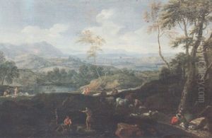 Paesaggio Collinare Con Viandanti, Pastori E Bagnanti