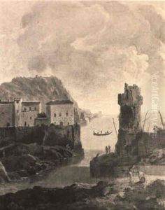 Figures On Rocks In A Bay, A Coastal Town Beyond by Paolo Anesi