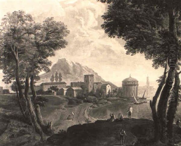Figures On A Hillock Overlooking A Sandy Cove Before A Coastal Town - view 1