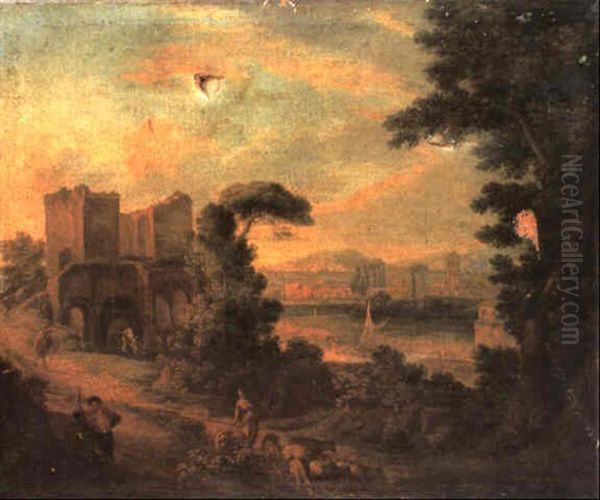 A Landscape In The Roman Campagna With Figures And Farm Animals - view 1