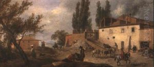 Figures And Horses Outside A Farm