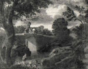 A Classical Landscape With Figures Sitting On A Bridge Watching Figures by Paolo Anesi