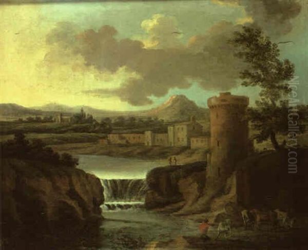 Italianate Landscape With A Herd Of Cattle Grazing Before A Tower - view 1