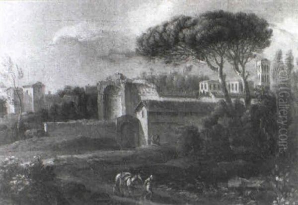 Buildings On The Roman Campagna, With A Man Leading A Mule  In The Foreground And Figures By Trees Beyond - view 1