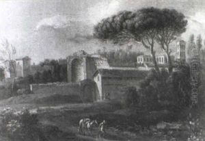 Buildings On The Roman Campagna, With A Man Leading A Mule In The Foreground And Figures By Trees Beyond by Paolo Anesi