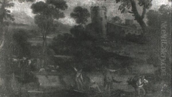 A Capriccio Landscape With Ferrymen In The Foreground, A Castle And Mountains Beyond - view 1