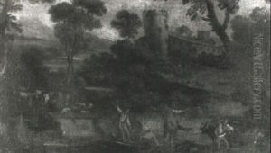 A Capriccio Landscape With Ferrymen In The Foreground, A    Castle And Mountains Beyond by Paolo Anesi