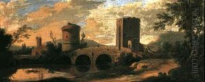 Peasants Crossing A Bridge With Turreted Gateways Spanning  A River Running Through A Wooded Valley by Paolo Anesi