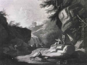 An Italianate Landscape With Peasants On A Rocky Outcrop, A Temple Beyond by Paolo Anesi