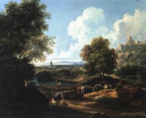 Paesaggio Della Campagna Romana Con Grande Albero A Sinistra, Borgo Su Un'altura A Destra, Figure E Animali by Paolo Anesi