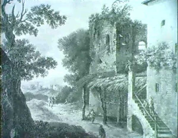 Peasants Travelling By A Rustic Farm Overlooking A Valley - view 1