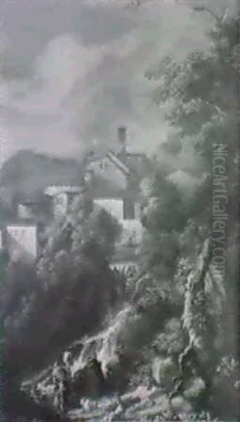 Paesaggio Laziale Con Borgo In Collina E Cascatella - view 1