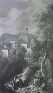 Paesaggio Laziale Con Borgo In Collina E Cascatella by Paolo Anesi