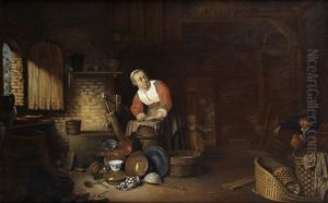The Interior Of A Cottage, With A Peasant Woman Cleaning Kitchen Utensils, A Peasant Coming Up From The Cellar On Her Left by Philips Angel