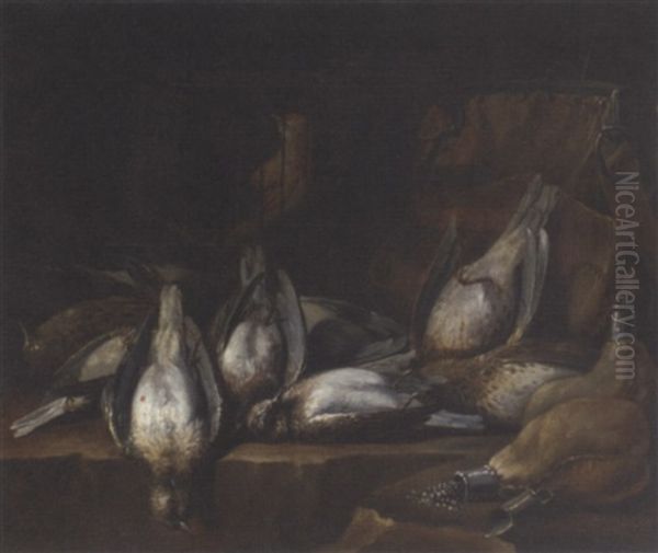Dead Game And A Caged Bird On A Ledge In A Larder - view 1