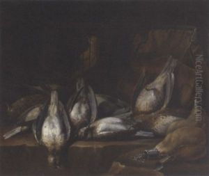 Dead Game And A Caged Bird On A Ledge In A Larder Dead Game And A Caged Bird On A Ledge In A Larder