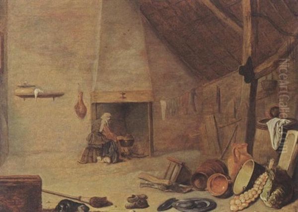 A Barn Interior With A Kitchen Still Life And A Woman Cooking On A Fire In The Background - view 1