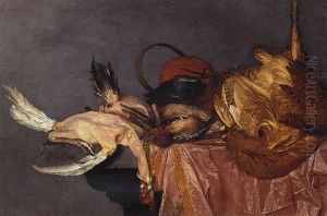 A Bittern, A Jay And Other Dead Game Birds On A Draped Table