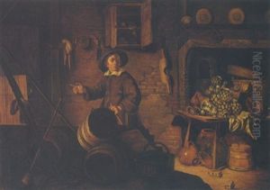 Kitchen Interior With A Youth, German Stoneware, Copper Pots And A Basket On A Table by Philips Angel