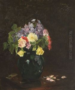 Vase With Roses And Forget-me-not Flowers by Nicolae Angelescu
