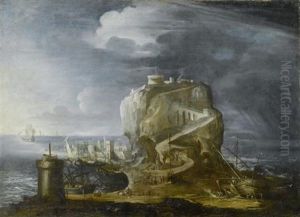 Hafenansicht Mit Festung Auf Einem Felsen by Filippo d' Angeli