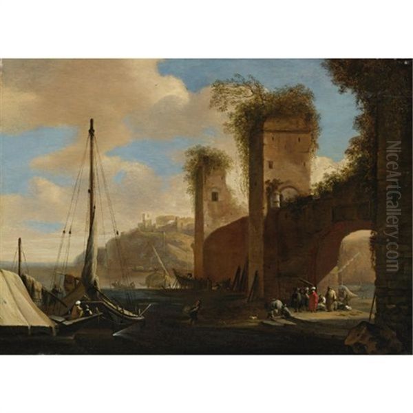 Harbor Scene With Ships, Ruins And Figures By An Archway - view 1